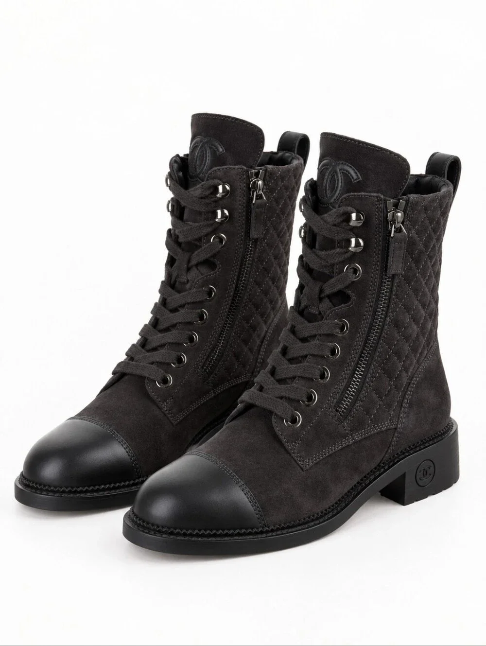 CHANEL Black Quilted Suede Combat Lace-Up Ankle Boots CC Logo EU 37